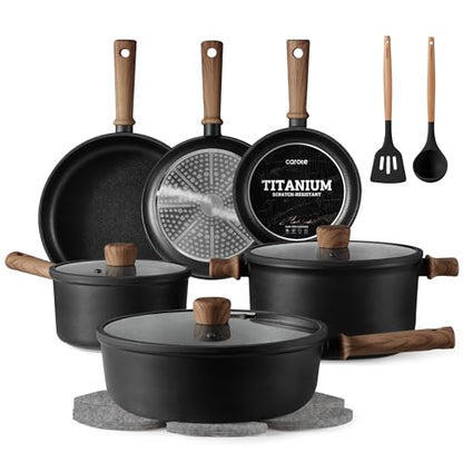 CAROTE 16pcs Pots and Pans Set, Nonstick Cookware Sets | Titanium Reinforced Coating, Scratch-Resistant, Easy to Clean, Even Heating, Induction Compatible, with Frying Pans Set - color: Black, size: 16 PCS