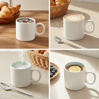 12oz White Ceramic Coffee Mugs, Set of 4 | Pastel glazed interior, wide handles, for latte, tea & cocoa, microwave & dishwasher safe