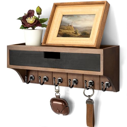 Rebee Vision Pine Wood Key Holder Wall Mount Home Decor, Brown & Black | Key Holder for Wall, Mail Organizer, 6 Key Hooks, Drawer Organizer, Floating Shelf, Plant Display, Functional Home Storage - color: Brown & Black, style: 1-Drawer