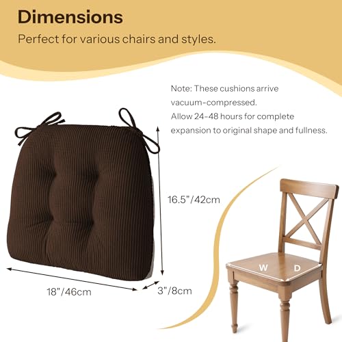 Anti Slip Kitchen Chair Cushions Set of 4 18"X16.5"X3" Brown | Elegant Breathable Textured Fabric, with Ties, Tufted, Thick Polyester Filling, for Dining Chairs, Folding Chairs, Office - color: Brown