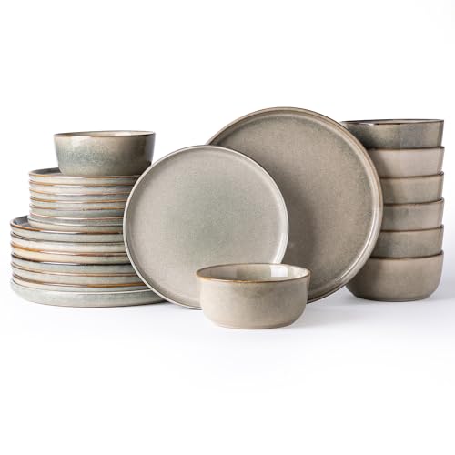 AmorArc Stoneware Dinnerware Sets for 8, 24Pcs Plates and Bowls Sets Dishes | Ceramic Round Reactive Glaze Dishes Set, Highly Scratch Resistant | Dishwasher & Microwave Safe Dishware - color: Reactive Glaze, size: Service for 8