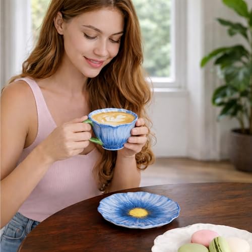 10 oz Tea Cups and Saucers, Hand-Painted Ceramic Flower-Shaped Coffee Cup | Saucer Set, Microwave & Dishwasher Safe, Elegant Floral Cup Set Gift for Women - color: Pink
