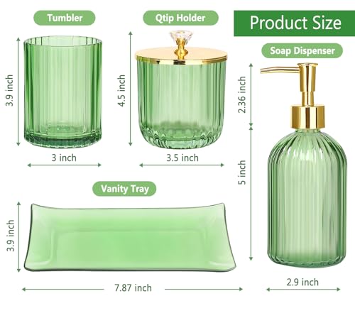 Haturi Glass Bathroom Accessories Set, Green Bathroom Set, 4 Pcs | Kit w/ Bathroom Soap Dispenser Set, Toothbrush Holder, Qtip Holder, Soap Dish, Green Bathroom Decor, Gift for Home Apartment - style: Light Green