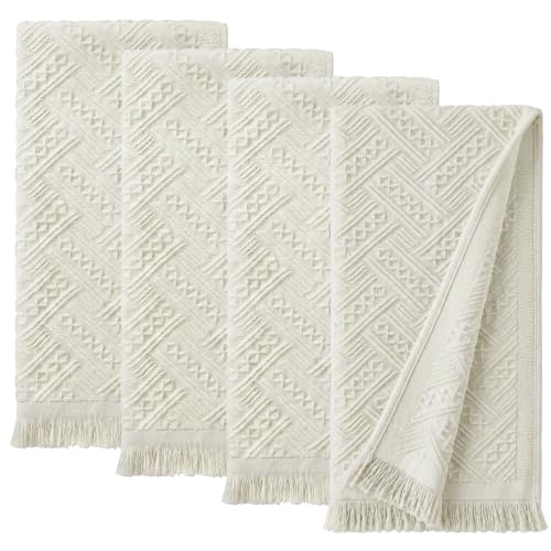 4-Pack Cotton Bathroom Hand Towels – Boho Hand Towel Set with Jacquard Weave & Fringe, 13"x29.1" Absorbent Soft Face Set for Kitchen/Bathroom (Oat Color) - color: Oat Color