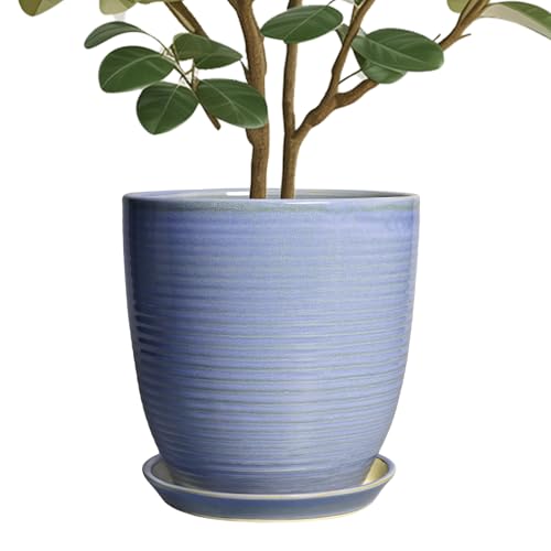 10 Inch Plant Pot - Round Ceramic Planter with Drainage Hole and Plant Saucer Indoor Outdoor for Decoration, Modern Home Garden Office Decor, House Warming Gifts, Blue-Purple - color: Blue-bright, size: 10 Inch