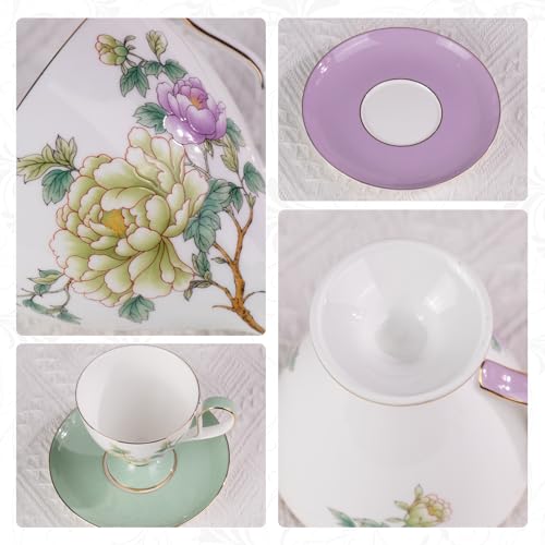 KAMMAK Ceramic Coffee Cups Saucers Set of 2, Porcelain Espresso Cups with Saucers, 8.12 oz Handcrafted Elegant Bone China Tea Cups, Purple Purple & Mint Green Flower Teacup for Party, Office, Gift - color: Green Jade + Purple Blossom