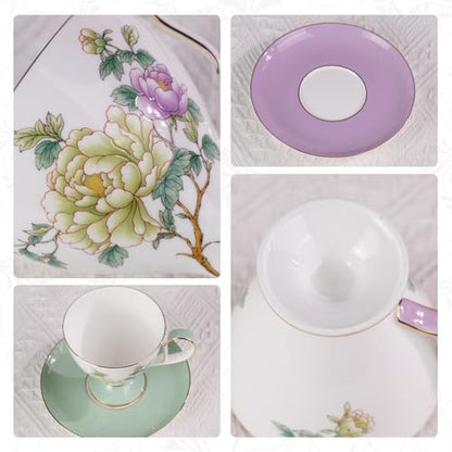 KAMMAK Ceramic Coffee Cups Saucers Set of 2, Porcelain Espresso Cups with Saucers, 8.12 oz Handcrafted Elegant Bone China Tea Cups, Purple Purple & Mint Green Flower Teacup for Party, Office, Gift - color: Green Jade + Purple Blossom
