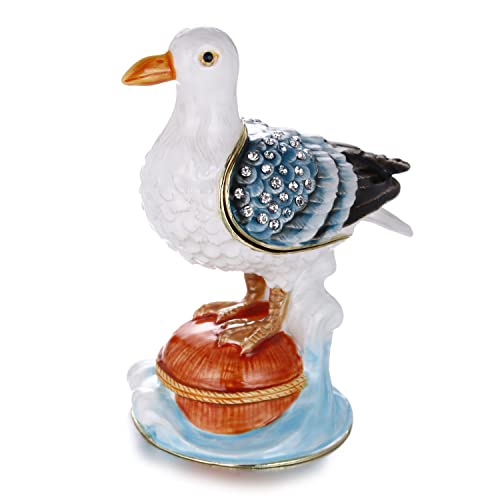 Hand Painted Enamel Seagull Trinket Box for Home Decor, Hinged Jewelry Organizer for Ring Earrings, Unique Figurine Keepsake Collectible Personalized Elegant Handmade Ornament Gifts (White Seagull) - color: White Seagull