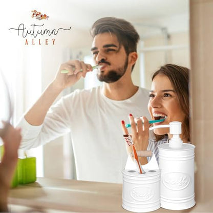 Autumn Alley Kids Bathroom Accessories Set – 2-Piece White Soap Dispenser & Toothbrush Holder, Farmhouse Bathroom Countertop Organizer for Kids, Durable Metal Bathroom Set with Wood Handle - color: White