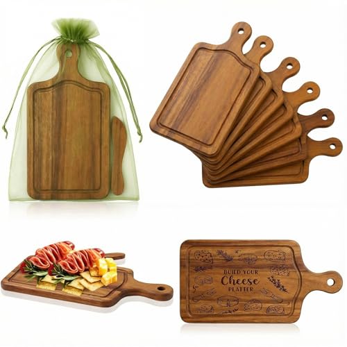 Nuenen 6 Pcs Small Charcuterie Boards Gift Bulk | Small Wood Cutting Boards with Knives and Organza Bags, Bridal Baby Shower Game Prizes, Wedding Favors and DIY Guest Gifts - color: Acacia Color, size: Square
