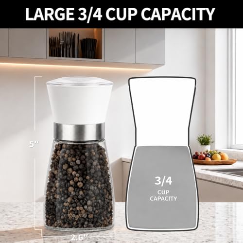 Premium Salt and Pepper Grinder Set of 2, 6 oz Refillable Glass Salt and Pepper Shakers with Adjustable Ceramic Grinder, Manual Pepper Mill Set Includes Funnel & Cleaning Brush, Transparent Lid - color: White, size: 2.6"W x 5"H