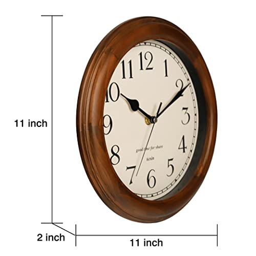Kesin Wooden wall Clock with Retro Design, 11 Inches Round Wall Clocks | Battery Operated Silent Non-Ticking, Big Arabic Numerals, for Kitchen Living Room Classroom Gym and Pool, Brown - color: Brown, size: 11 inch