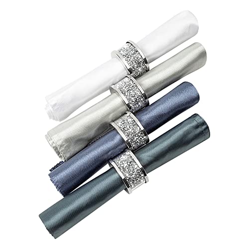 SHYFOY Silver Crushed Diamond Napkin Rings Set of 4,Bling Glass Table Decor | Stainless Steel Glass Frame Napkin Rings, Luxury Style for Wedding Receptions, Holiday and Banquet Table Arrangement - size: 4 Pieces