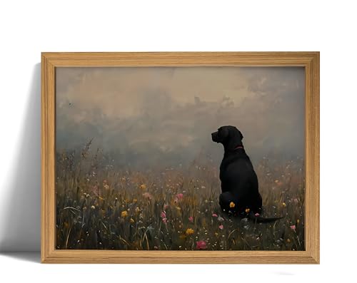 Rustic Countryside Farmhouse Wall Art –Vintage Black Dog in Meadow Canvas Print with Wildflowers Picture, Pet Memorial Poster Painting, Farmhouse Animal Wall Decor for Living Room, Bedroom, Pet Lovers,Wood Frame 12x16in - color: Retro Black Labrado, size: