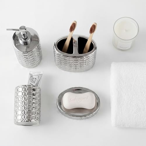 Silver Bathroom Accessories Set, 4 Piece Ceramic Honeycomb Design, Soap Dispenser Pump, Tumbler, Toothbrush Holder, Soap Dish - color: Silver