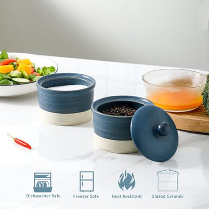 Hasense Salt Cellar Set, Ceramic Salt Box with Lid, 9 oz Stacked Salt Pepper Container for Countertop, Small Spice Bowls for Salt Pepper Sugar, Christmas Gift Ideas, Set of 2, Deep Blue - color: Deep Blue