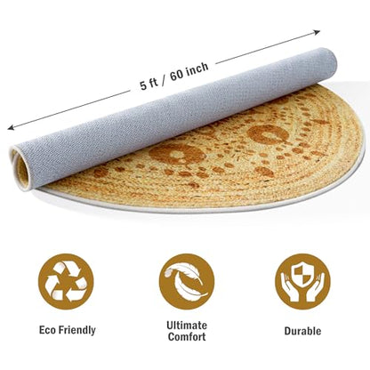 Carvapet 5ft Round Area Rug Washable Jute Style Low Pile Carpet | Stain resistant rug with non slip backing and foldable design for living rooms, bedrooms, offices and bathrooms - color: S-brown, size: 5' (Round)