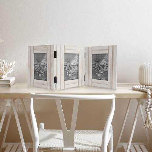 RiteSune Rustic Picture Frame White, 4X6 Picture Frame College, 3 Photo Frame Hinged Farmhouse Picture Frames Desk Photo Frame for Home Office - color: Trifold White 4X6