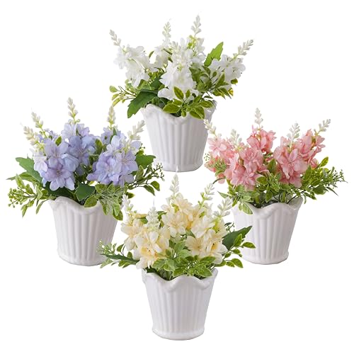 4PCS Artificial Spring Flowers with Ceramic Pot, Spanish Dagger Plants | Centerpiece Table Decorations – Faux Flowers in Ceramic Vase for Dining Table, Coffee Table, Home, Office & Spring Decor