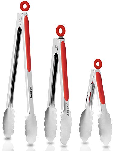 Anaeat Premium Sturdy Barbecue Tongs for Kitchen Grill & BBQ - 7,9,12 Inch Non-Slip Stainless Steel Locking Tongs Heat Resistant for Grilling, Cooking, Turning and Barbecue - color: 3 Pcs Stainless Steel - Red, size: 7+9+12 Inch