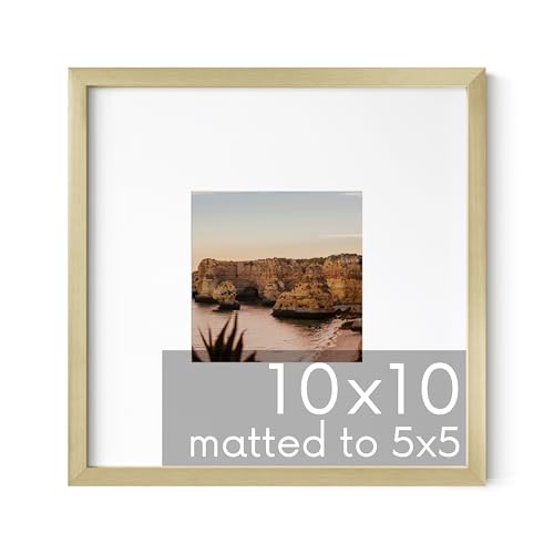 HAUS AND HUES 10x10 Gold Metal Picture Frame Matted to 5x5 - Features Premium Aluminum & Hanging Hardware, Shatterproof Plexiglass - Ideal for Home, Office (10x10 in, Gold, Set of 1) - color: Gold Metal, size: 10x10 in, style: Set of 01