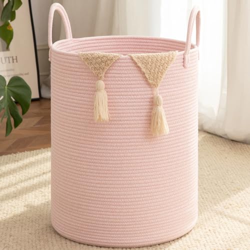 OIAHOMY Large Laundry Basket Hamper - 60L Cotton Rope Woven Basket for Blankets, Toys, Clothes - Tall Decorative Nursery Hamper with Long Handles, Pink - color: Pink, size: 60L