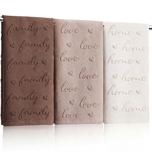 Hahafelt 3 Pack Farmhouse Decorative Hand Towels for Bathroom 100% Cotton Brown Absorbent Soft Embroidered Towels for Boho Kitchen Bathroom Decor Gifts, 29.5 x 13.7 Inch (Home, Love, Family) - style: Home Love Family