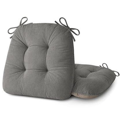 ELFJOY Dining Chair Cushions Set of 2 Non Slip 18"X18"X3" Light Grey | Thick,Textured Fabric, with Ties, Tufted, Large, for Kitchen, Dining Room, Indoor, Bedroom, Living Room, Office, Comfortable - color: Light Grey