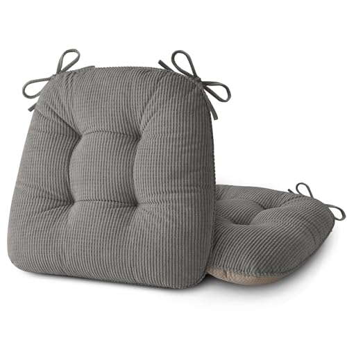 ELFJOY Dining Chair Cushions Set of 2 Non Slip 18"X18"X3" Light Grey | Thick,Textured Fabric, with Ties, Tufted, Large, for Kitchen, Dining Room, Indoor, Bedroom, Living Room, Office, Comfortable - color: Light Grey
