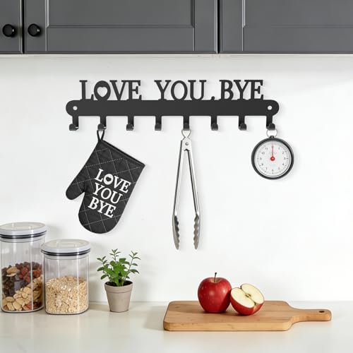 Key Holder for Wall - 'Love You Bye' Key Hooks, Black, 8 Hooks | Key Holder Wall Mount Self Adhesive, Key Rack Wall Mount for Wall No Drill for Living Room, Kitchen, Bathroom, Garage - color: Love You Bye' Black 1p
