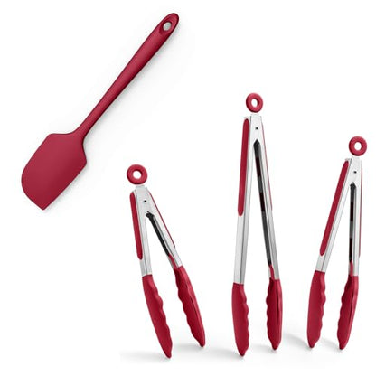 Doosu 7+9+12in Kitchen Tongs for Cooking - 600°F Heat Resistant Food Tongs with Non-Scratch Silicone Tips & 600°F Heat Resistant Silicone Large Spatula Scraper BPA Free Seamless Baking Supplies (Red)