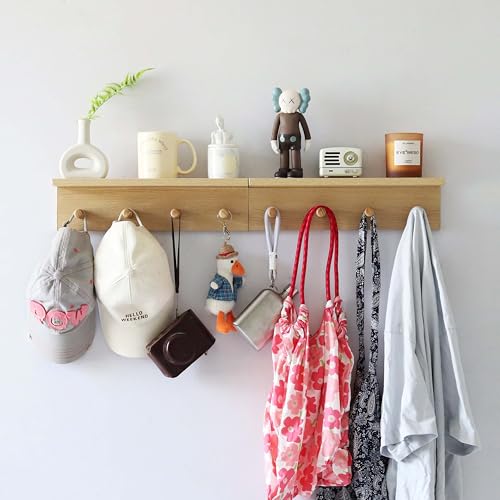 Entryway Coat Rack Hooks with Shelf, Sturdy Wooden Floating WallOrganizer Shelf with 4 Hooks siutable for Entrance, Mudroom, Kitchen, Bathroom,.etc(2pc-Oak Finish) - color: Oak 2PC