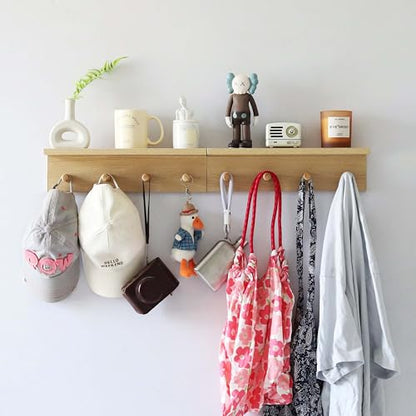 Entryway Coat Rack Hooks with Shelf, Sturdy Wooden Floating WallOrganizer Shelf with 4 Hooks siutable for Entrance, Mudroom, Kitchen, Bathroom,.etc(2pc-Oak Finish) - color: Oak 2PC