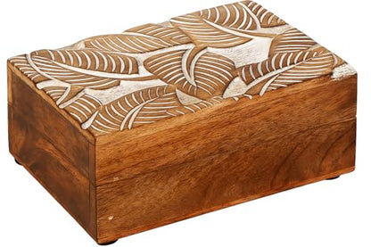 Mother's Day Wooden Hand White Wash Leaf Design Jewelry Storage Box Holder | Tarot Card Trinket Keepsake Wooden Storage Box Perfect Gifts for Women 6x4x2.5 Inch