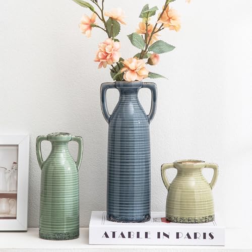 Ceramic Vases Set of 3, Neutral Rustic Farmhouse Vase with Handles | Decorative Flower Vases Home Decor Modern Boho Pampas Vases for Table, Mantel, Entryway, Shelf, Living Room - Multicolor - color: 105-1