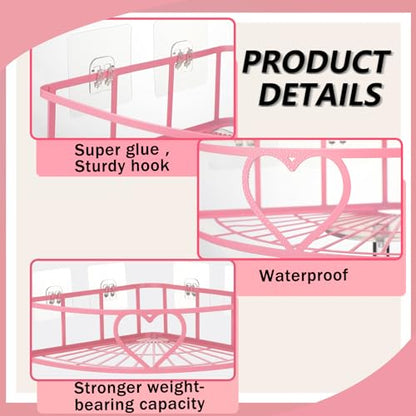 2 Pack Pink Heart Corner Shower Caddy No Drilling Pink Shower Shelves Coquette Corner Caddy with 5 Adhesive Hooks Sweet Decor for Bathroom Kitchen Bedroom - style: Heart