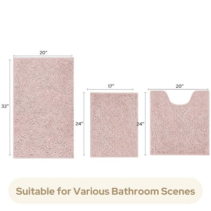 HOMEIDEAS 3 Pieces Bathroom Rugs, Extra Large Ultra Soft Non Slip Absorbent Chenille Toilet Bath Mat Set (Dusty Pink) - color: Dusty Pink, size: 17"x24"+20"x32"+U Shape 20"x24"