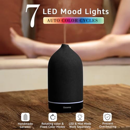200ML Ceramic Essential Oil Diffuser for Home, Stone Diffuser | Ultrasonic Aromatherapy Diffuser & Air Humidifier for Bedroom, Office, Yoga, 7 LED Lights, Auto Shut-Off, 3 Timers, Black - color: Black
