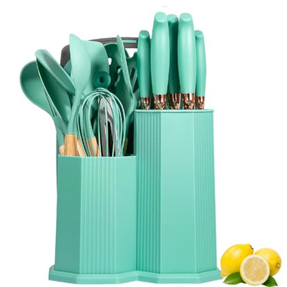 Kitchen Utensils Set,19 Pcs Cooking Tools and Knives Set,Cutting Board, Silverware Set, with Utensil Holder Precision Cutting and Organized Dining Kitchen Tool (Teal) - color: Teal
