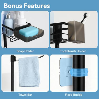 4-Tier Corner Shower Caddy Tension Pole Organizer, Black | Rustproof, Adjustable No-Drill Shelf, 22.24-119.69 in, Bathroom Storage with Soap and Toothbrush Holders, Towel Bar and Hooks