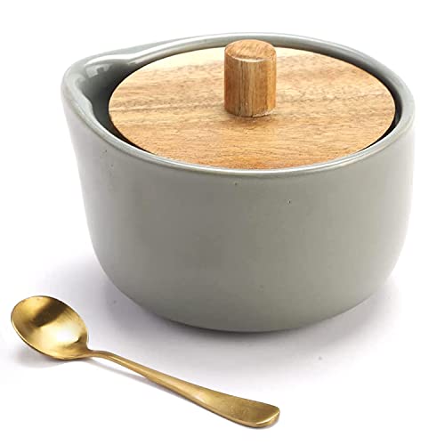everous Salt Box base grey color Salt Cellar Elegant Design salt Boxes Big Capacity Wood lid grey Ceramic Base with spoon salt pot