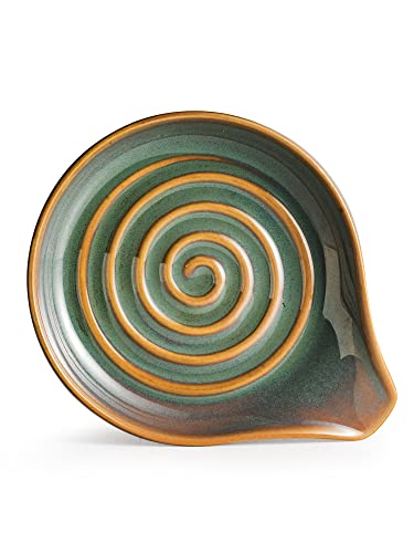 Spoon Rest for Stove Top, Countertop Spoon Holder with Handle for Easy Hold, Farmhouse Decor, Utensil Rest for Spoons, Ladles, Tongs, Spatula, Blue and Green | Ceramic Spatula Holder, Modern Farmhouse Decor | Large Utensil Rest for Ladles, Tongs, Spatula,