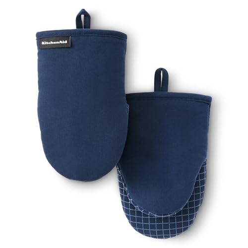 KITCHENAID Gourmet Series Gridlines Mini Oven Mitts 2-Pack Set, Heat Resistant up to 600°F, Soft Silicone Grip, Magnetic Cuff, Ink Blue, 5.5"x9" - color: Ink Blue
