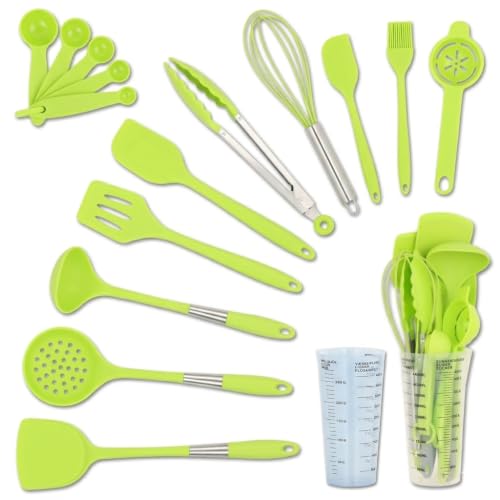 16-Piece Silicone Kitchen Utensil Set with Measuring Cup (Green) | Dishwasher-safe BPA-free tools for nonstick cookware, with tongs, whisk, 5 measuring spoons and a 500ml measuring cup holder - color: Green