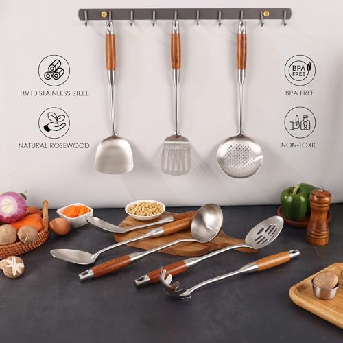 18/10 Stainless Steel Kitchen Utensils Set with RooseWood Handle | 15″ Metal Cooking Tools, 8-Pieces Cooking Spoons Set - Spatula, Ladle, Skimmer, Turner, Pasta, Solid Spoon, Slotted Spoon