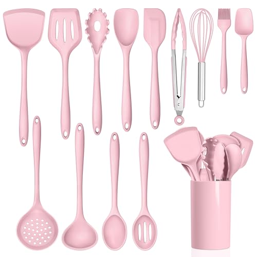 HaWare Kitchen Utensils, 14 PCS Silicone Cooking Utensils Set, Heat Resistant Kitchen Utensils for Non-stick Cookware, Kitchen Gadgets Tools with Spoons, Spatulas, Whisk, Dishwasher Safe (Pink) - color: Pink