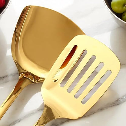 Novellus Stainless Steel Gold Kitchen Utensils Set with Holder, 7pcs Kitchen Accessories for Cooking Includes Soup Ladle, Metal Spatula, Slotted Spoon, Slotted Spatula, Pasta Spoon, White & Gold - color: White & Gold