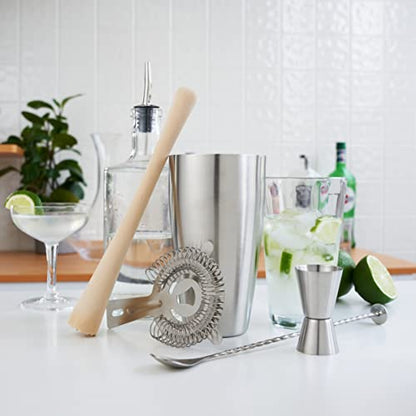 True 7-Piece Barware Set for Mixed Drinks and Cold Brew Cocktails, Includes Boston Cocktail Shaker Tin, Mixing Glass, Jigger, Muddler, Strainer, Bar Spoon, Pour Spout for Home Bar, Bartender Gifts - size: 7 Piece