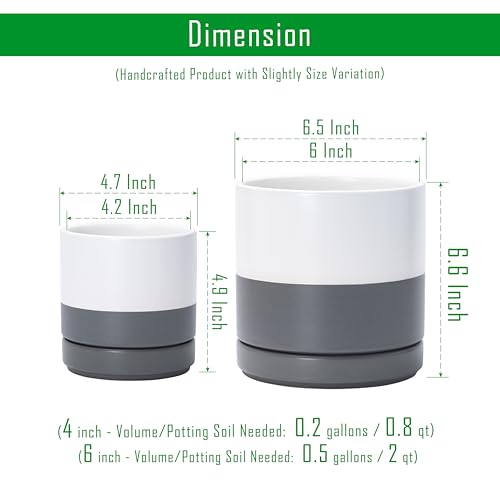 D'vine Dev 2-Pack Ceramic Pots with Saucers, White/Grey, 4/6 in, 94-G-S-6 | Glazed Ceramic, Drainage Hole, Perfect-Fit Saucer, Sleek Cylinder Shape, High Temperature Fired, Elegant Home Accent - color: White/Speckled Grey, size: Small
