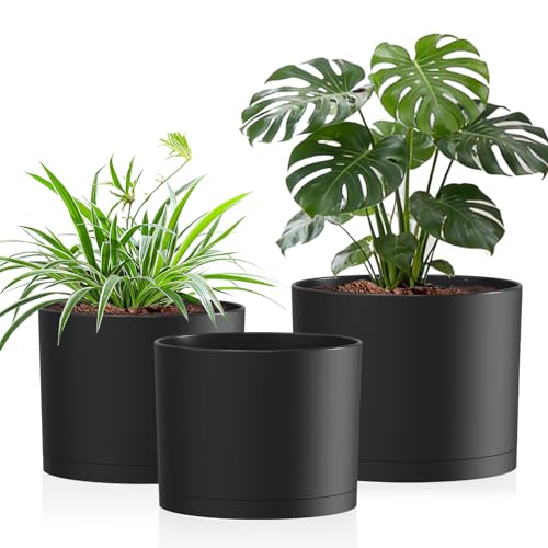 10/9/8 Inch Plant Pots 3 Pack, with Drainage Hole & Saucers | Cylindrical plastic planters with drainage holes & saucers. Modern matte finish, lightweight & durable for indoor/outdoor use - color: Matte Black